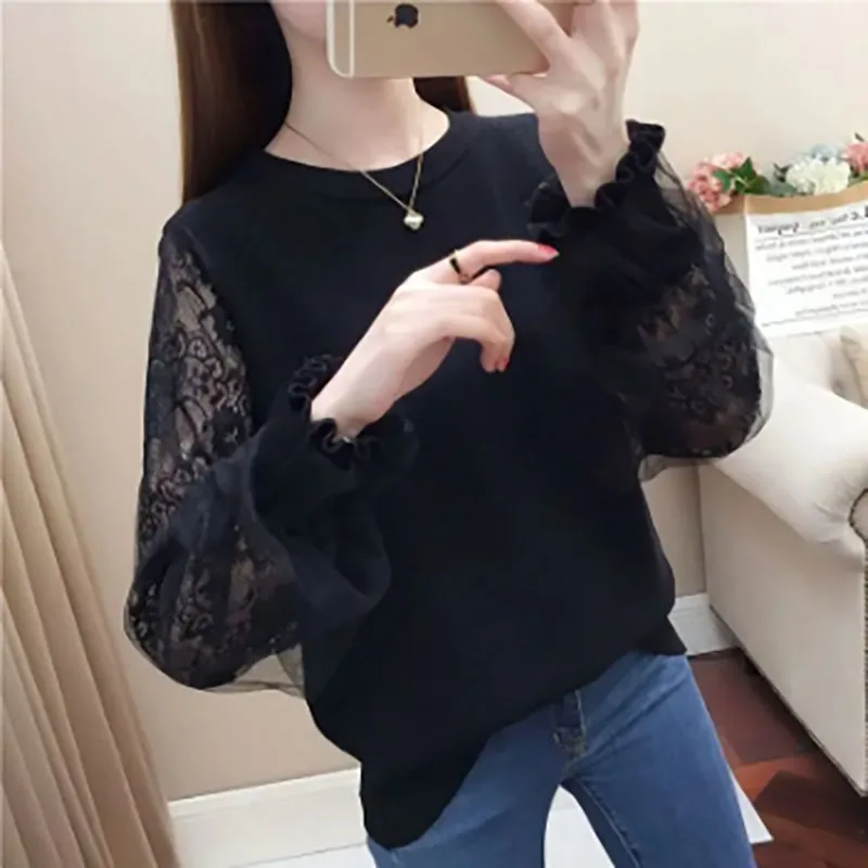 Fashion Knitted Spliced Gauze Lace Tee Shirt Female Clothing 2023 Autumn Winter Loose Casual Tops Butterfly Sleeve T-Shirt