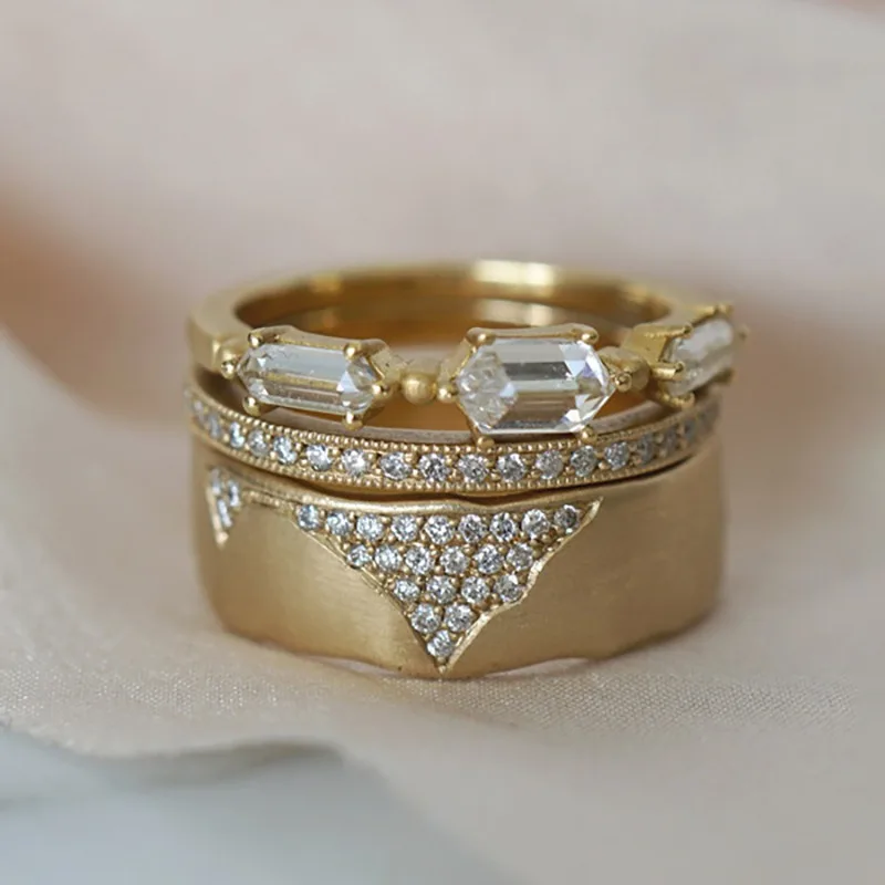 

Huajie 3Pcs/sets White Zircon Inlay Rings Sets for Women Irregular Damage Creative Charming Ring Set New Jewelry Trend