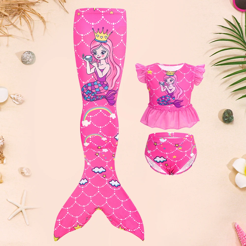 3PCS Mermaid Tails Swimwear Set for Swimming Girls Princess Bathing Suit Sets Kids Mermaid Swimsuit Swimable Costume