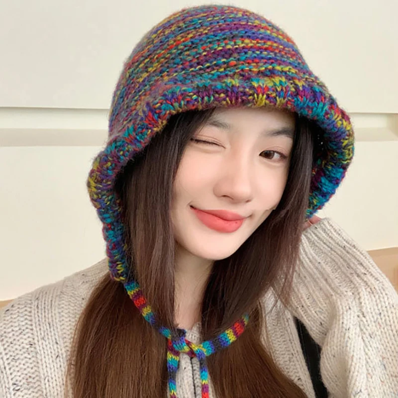 Colorful Rainbow Striped Knit Wool Beanie Hat For Women Winter Warm Crochet Ear Protection Cap Female Girl Snow Windproof Bonnet