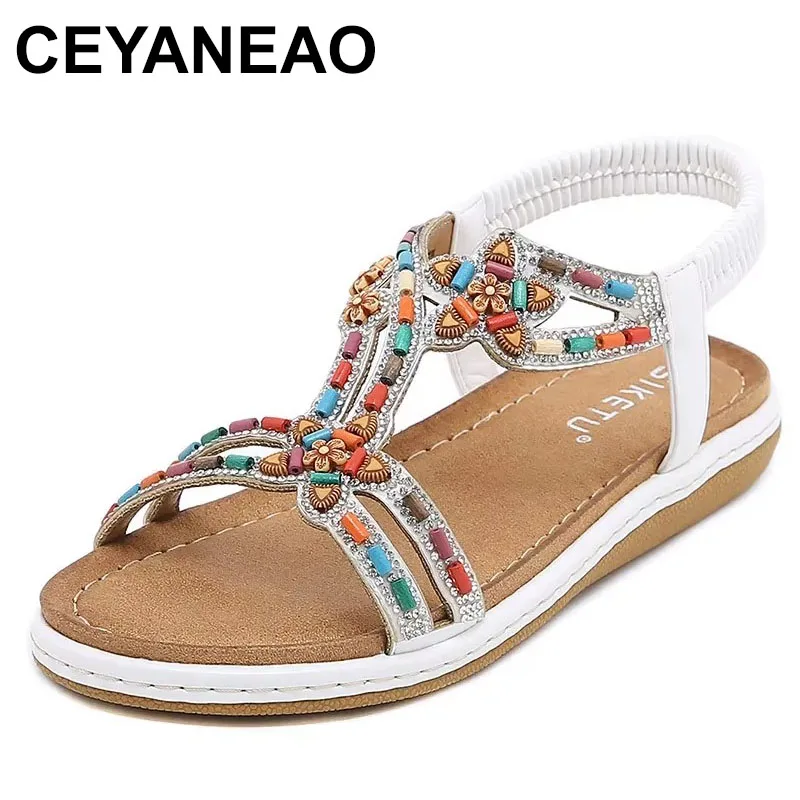 

2025 Women Rhinestone Decor Slingback Sandals Elastic Ankle Strap Casual Bohemian Beach Shoes for Women sandalias