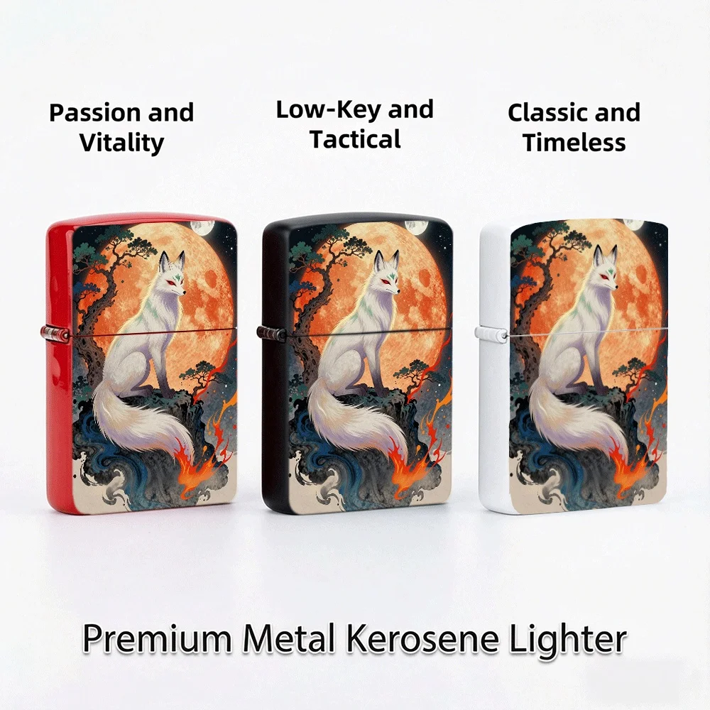 Flip Top Lighter Japanese Myth White Fox Moon Ukiyo‑e Art Pattern lighters vintage lighters for smokers Collectible Hobby Gift