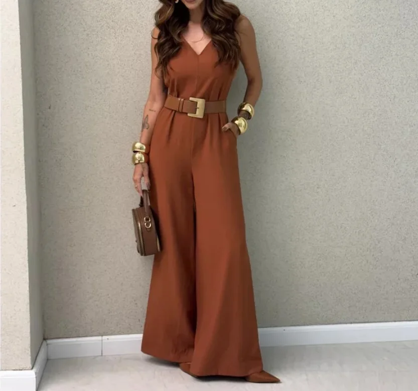 

Women's Jumpsuit 2026 Spring Summer New Solid Color V-Neck Sleeveless Pocket Design Loose Fit Casual Wide Leg Jumpsuit