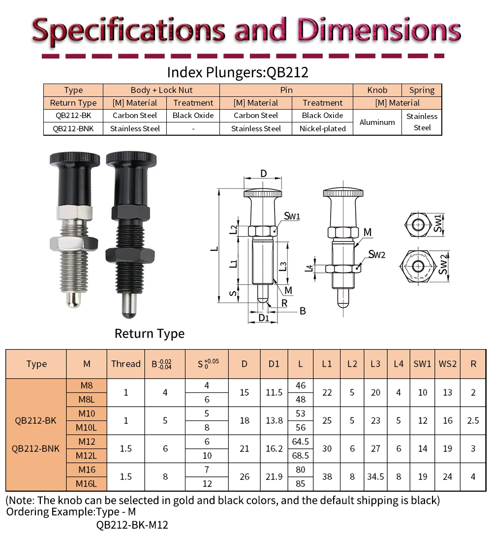1Pc Thread M8-M16 QB212 Quick Release Pin Bolt Ball Head Quick Lock Pin Plug with Gold Knob Handle Pull Stainless Steel PIN