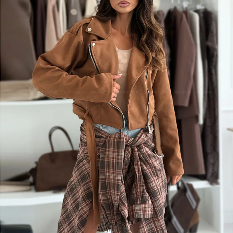 

Women Casual Long Sleeve Motorcycle Jackets Winter Elegant Lace-Up Waist Solid Outercoat Autumn Fashion Lapel Zipper Short Coats