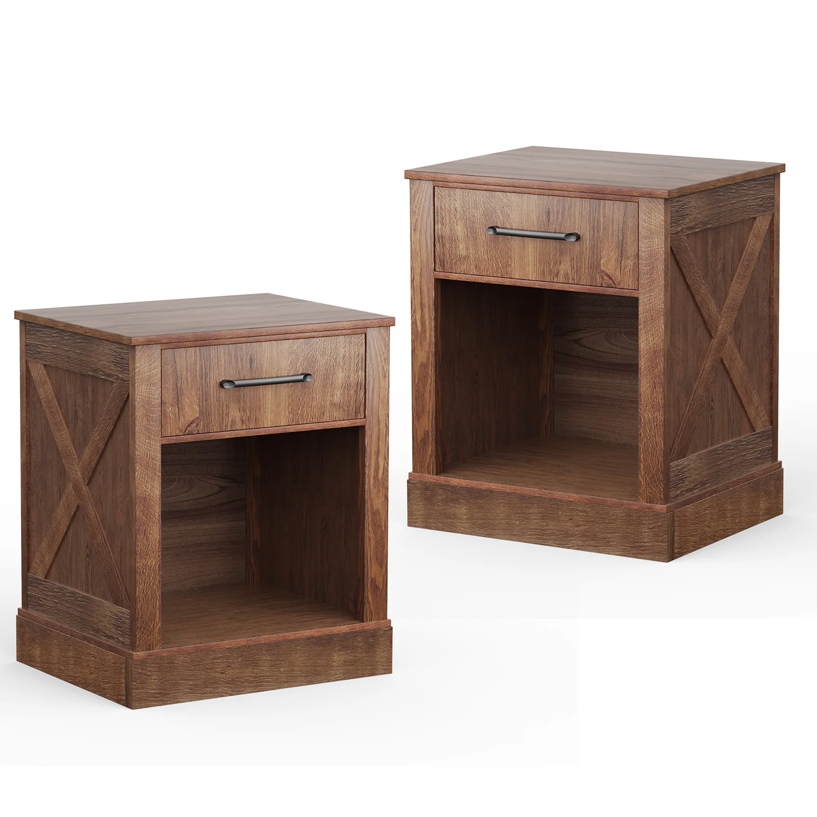 

2PCS Nightstand with Drawer and Shelf Rustic Wooden Bedside Table Bedroom Brown