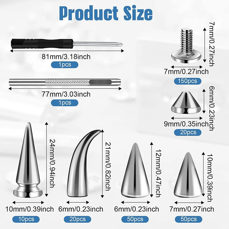 실버 혼합 모양 스파이크 및 스터드 콘 크록 스파이크 가죽 리벳 키트, 의류 신발 벨트용 DIY 300 세트