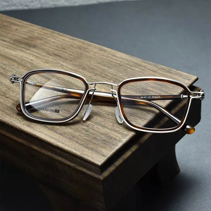 

Retro Pure titanium square metal eyeglass frames suitable both men women Tortoiseshell colored acetate fiber rectangular glasses