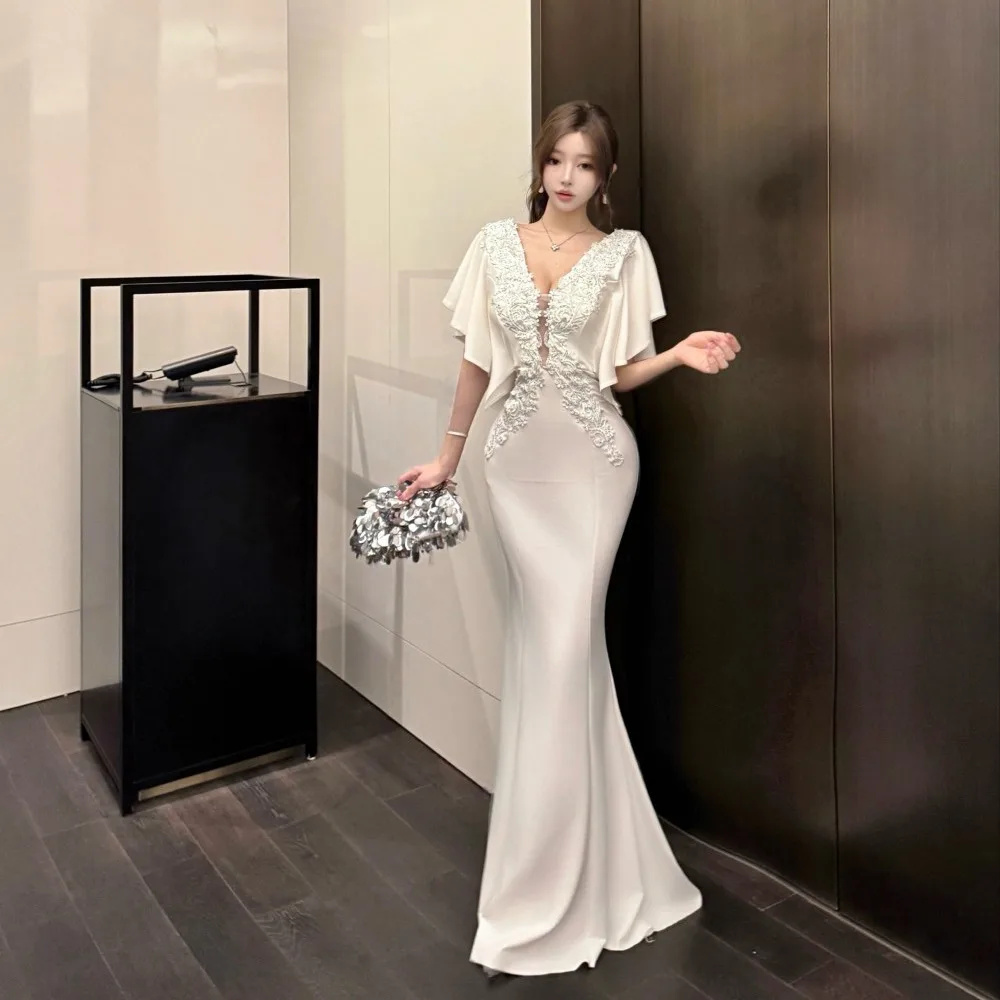 2025 francese elegante leggero lusso elegante abito da sera lungo donna backless scollo a V sexy abito sottile chic abbigliamento formale per occasioni