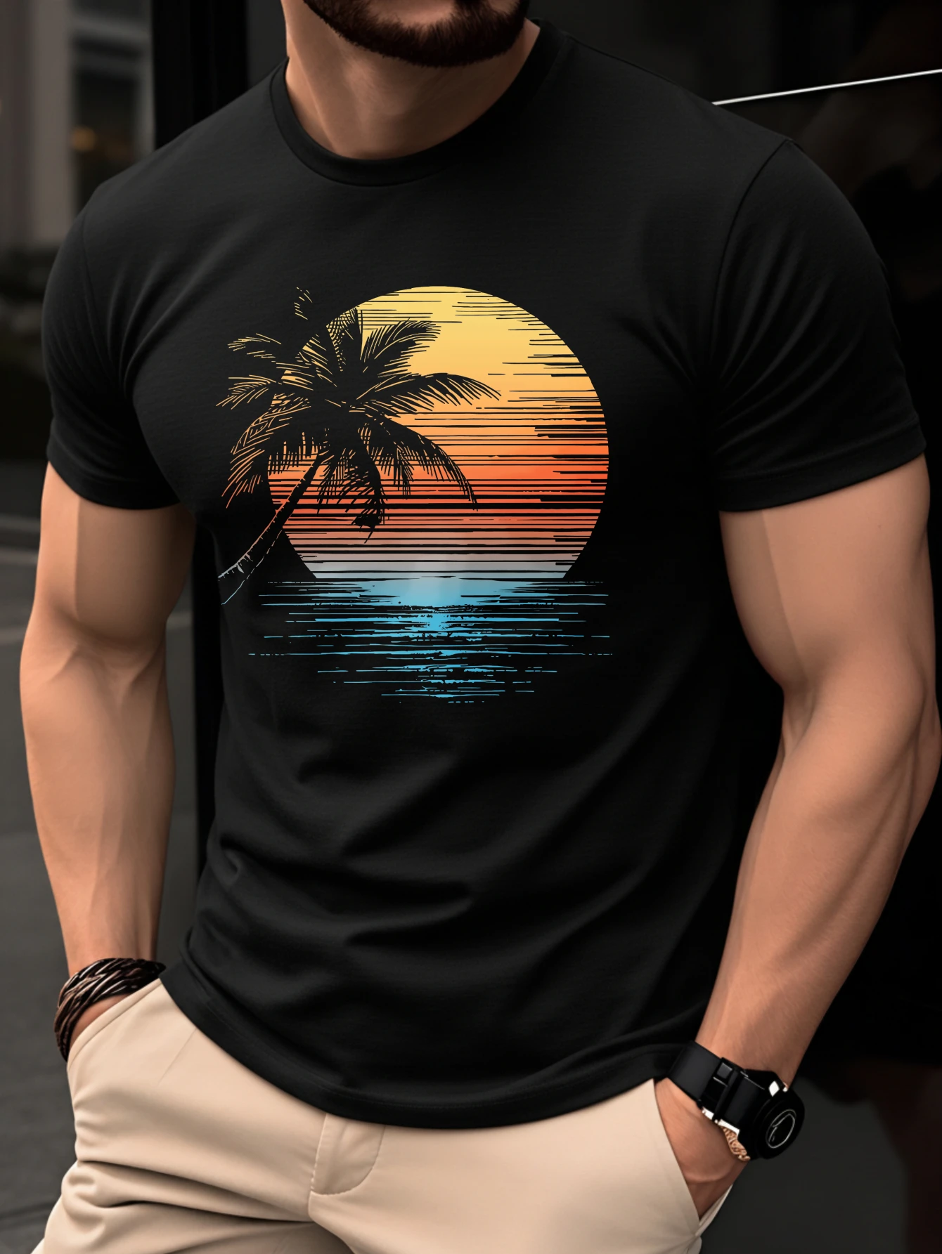 Men's Summer Fashion Casual Sunset Coconut Tree Print Round-Neck Short-Sleeve T-Shirt Hawaiian-Style Vacation Beach T-Shirt