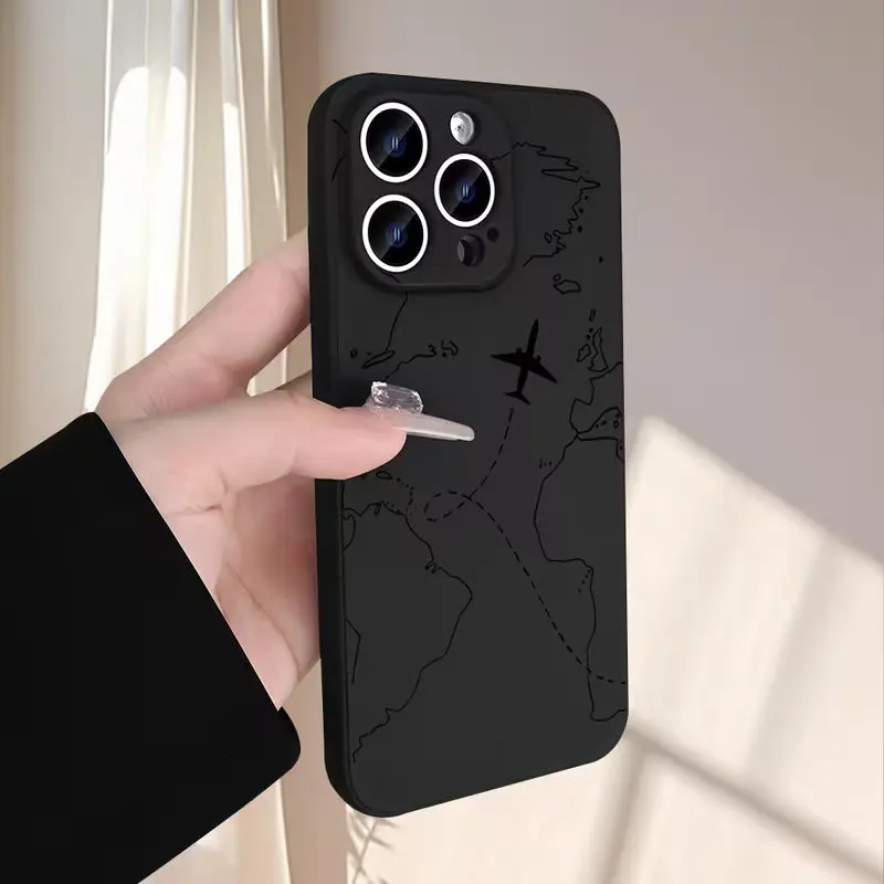 Simple Black World Map Flight Route Pattern Case For iPhone 18 17 16 15 14 13 12 11 Pro XS Max Mini Plus XR Air 16e 17e Cover