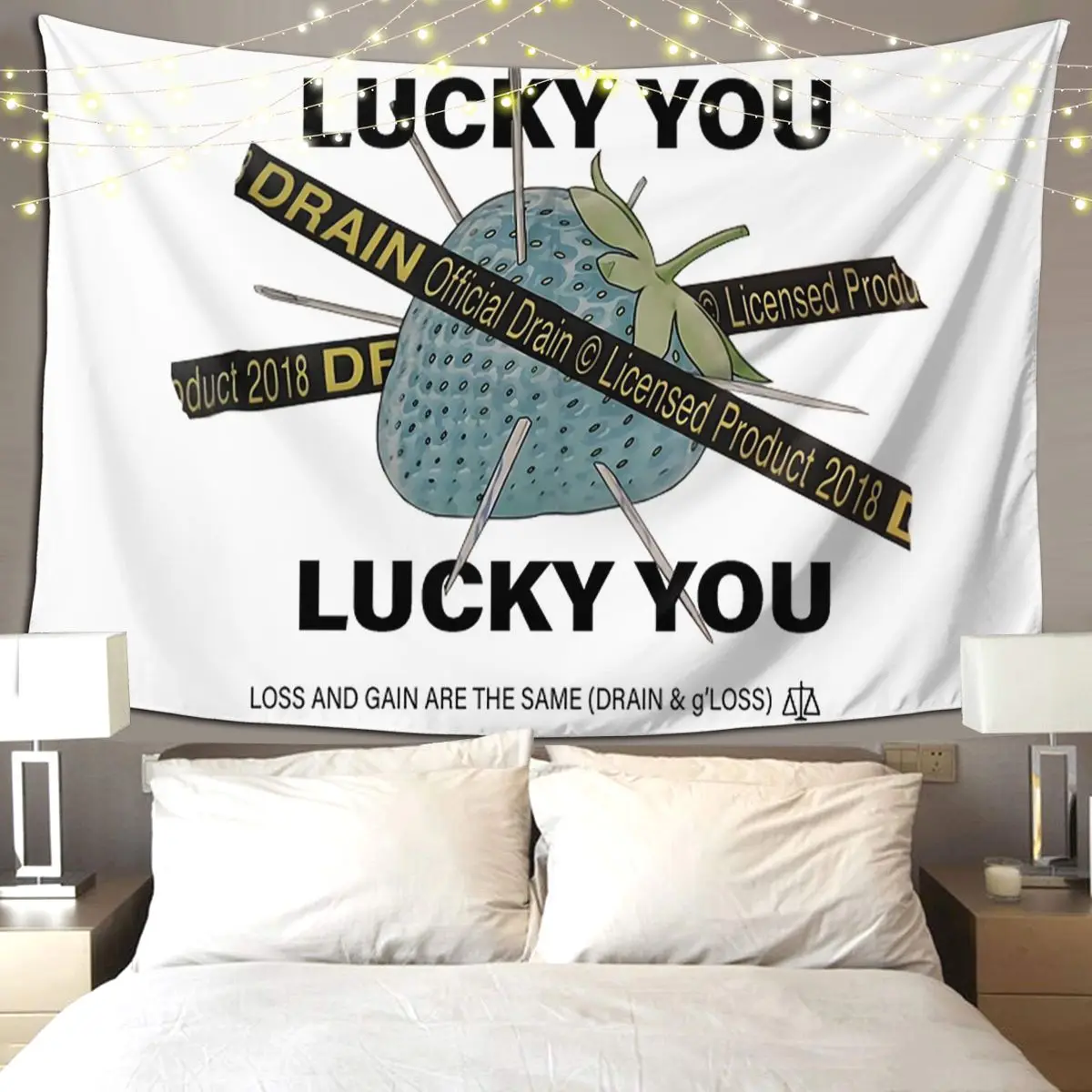 

Bladee Drain Gang Lucky You Клубничный гобелен с логотипом, художественный настенный эстетический домашний декор, гобелены для спальни, общежития