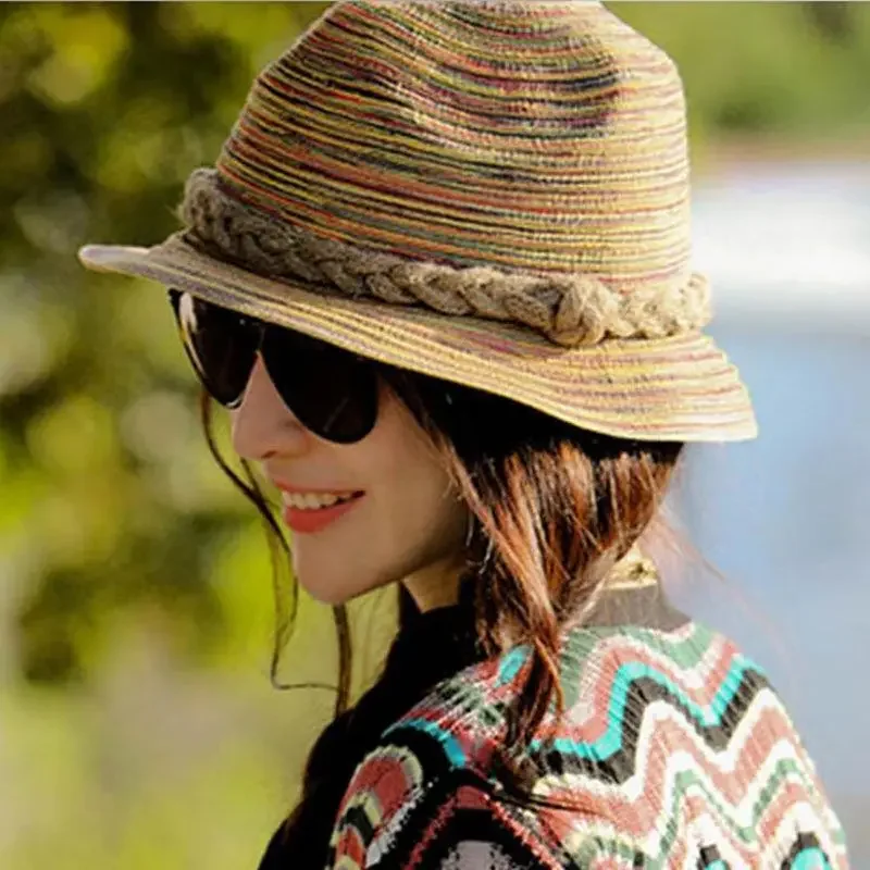 

Women Straw Hat Striped Hand Knitting Western Cowboy Cowgirl Cap Women Summer Beach Sun Hats Casquette кепка женская