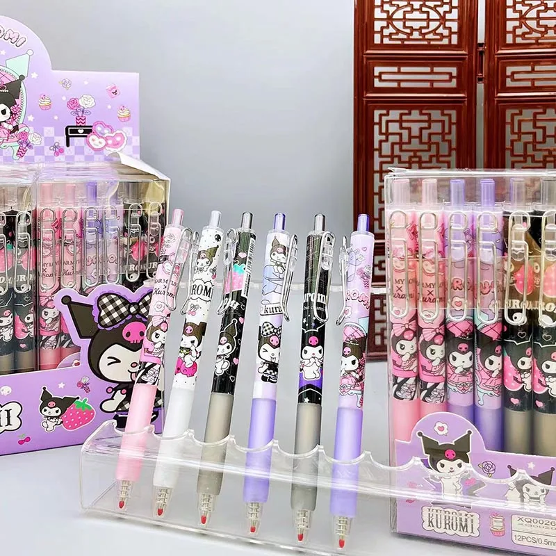 

12pcs/lot Kawaii Kuromi Press Gel Pen Cute Sanrio 0.5mm Black Ink Signature Pens Promotional Gift Office School Supplies