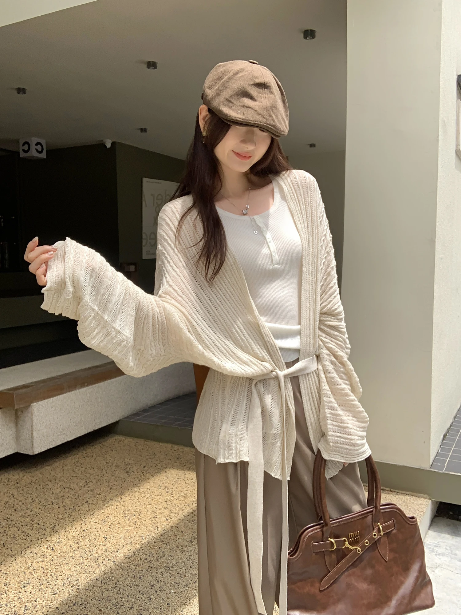 Korean Style Hollow out Knitted Cardigan Women's Early Autumn Fashion Sense Light Maturity Top Loose Fit Long Sleeve