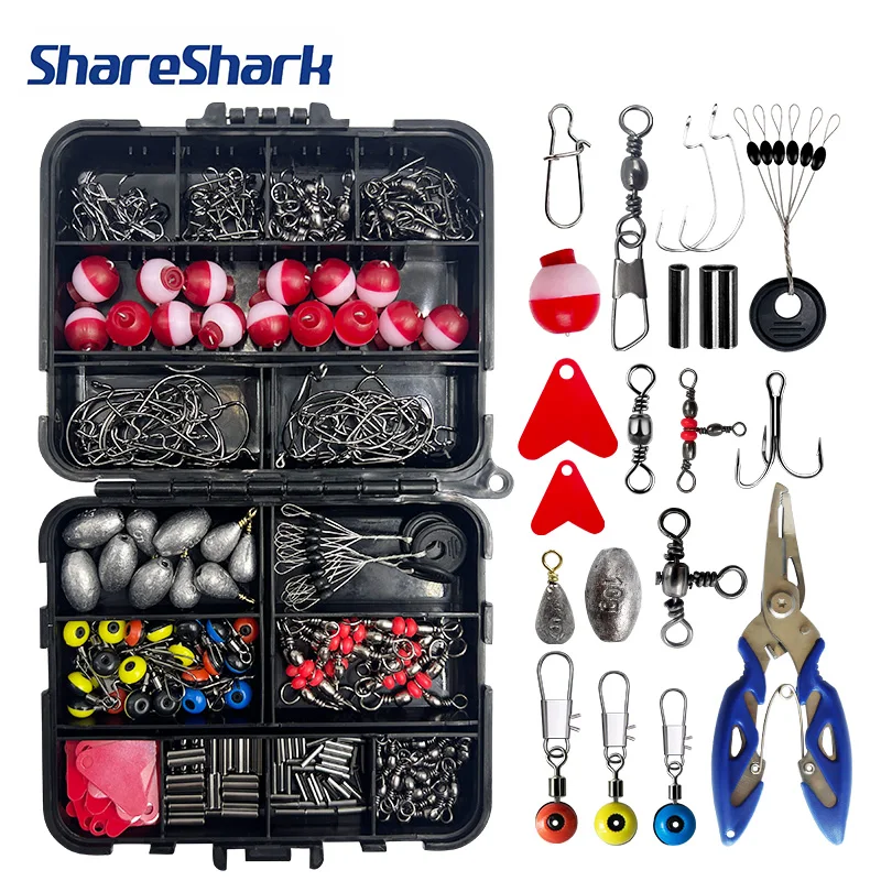 ShareShark 263pcs Outdoor Fishing Accessories Set With Including Plier Jig Hooks Sinker Weight Swivels Snaps Sinker Slides Kit