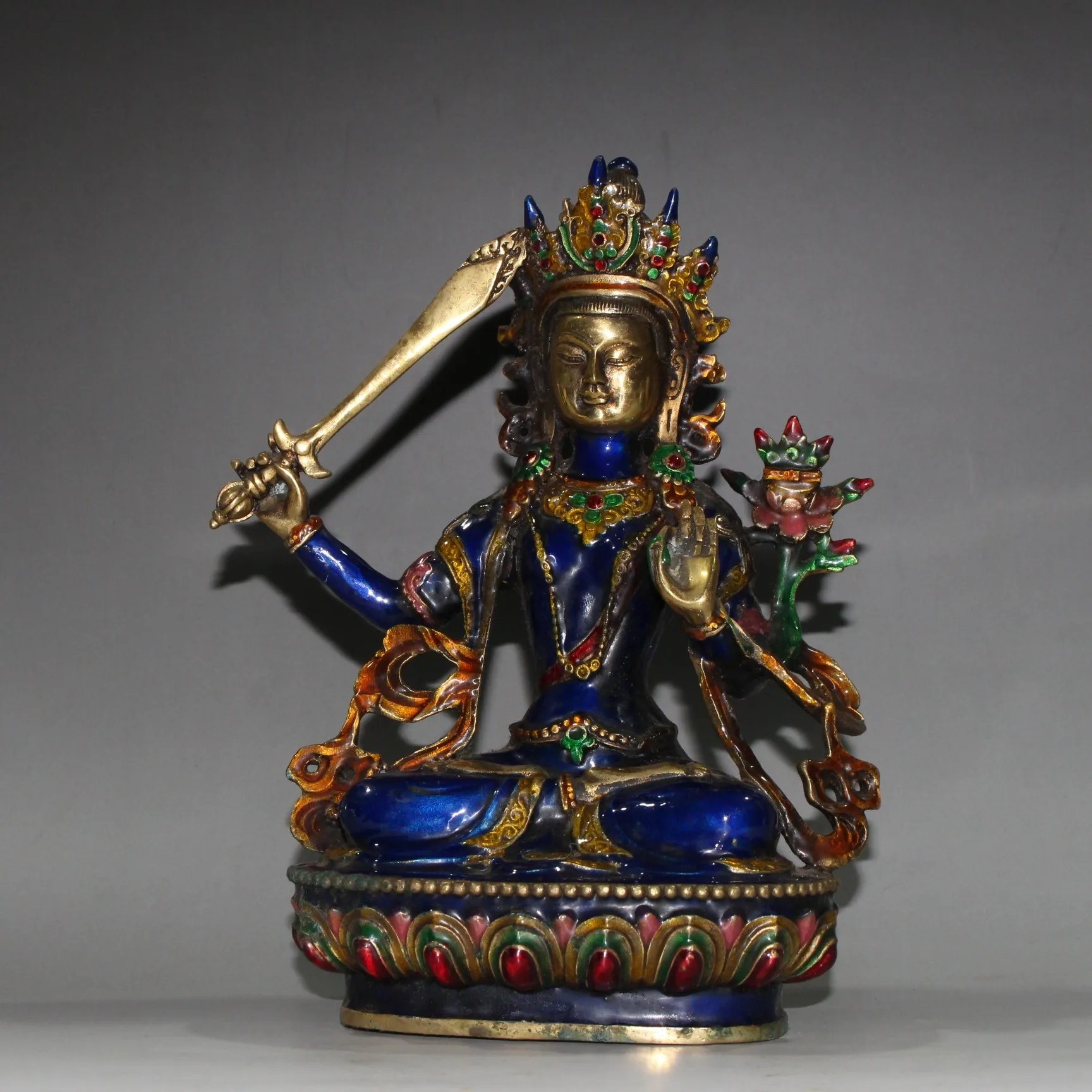 Buddhism Hand Engraving Cloisonne Brass Bodhisattva Manjusri Buddha Statue