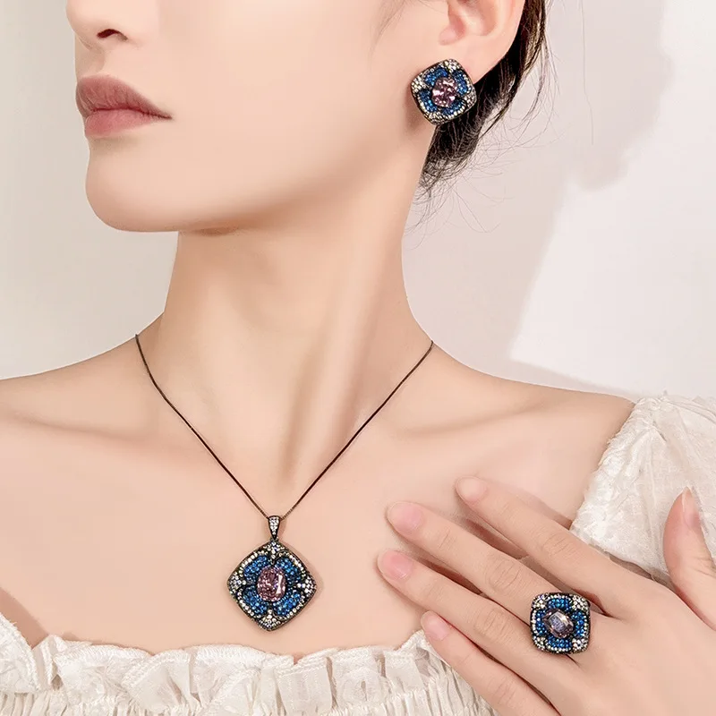 Luxury Square Cushion Pink Blue Zircon Jewelry for Women Black Plated Adjustable Ring Necklace Earrings Wedding Party Gift