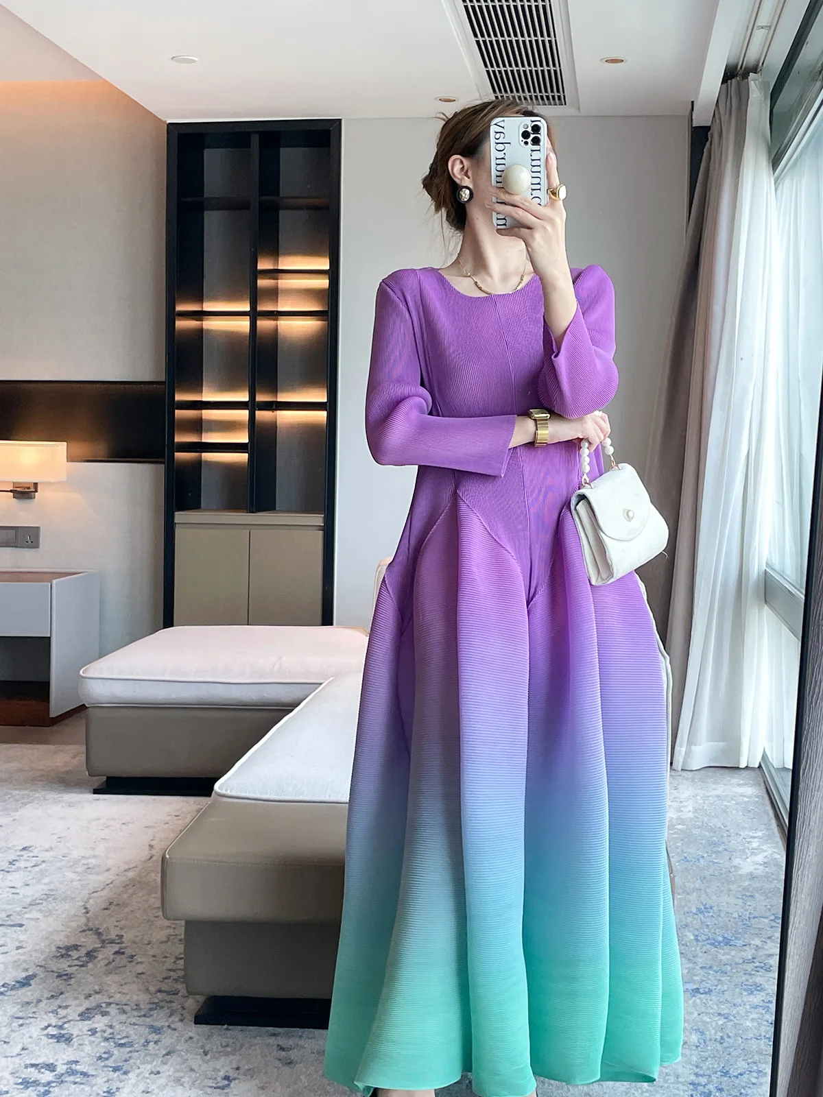 

Pleated 2023 Autumn New Gradient Color Printed Dress Commuter High-end Waist Elegant Large Dress