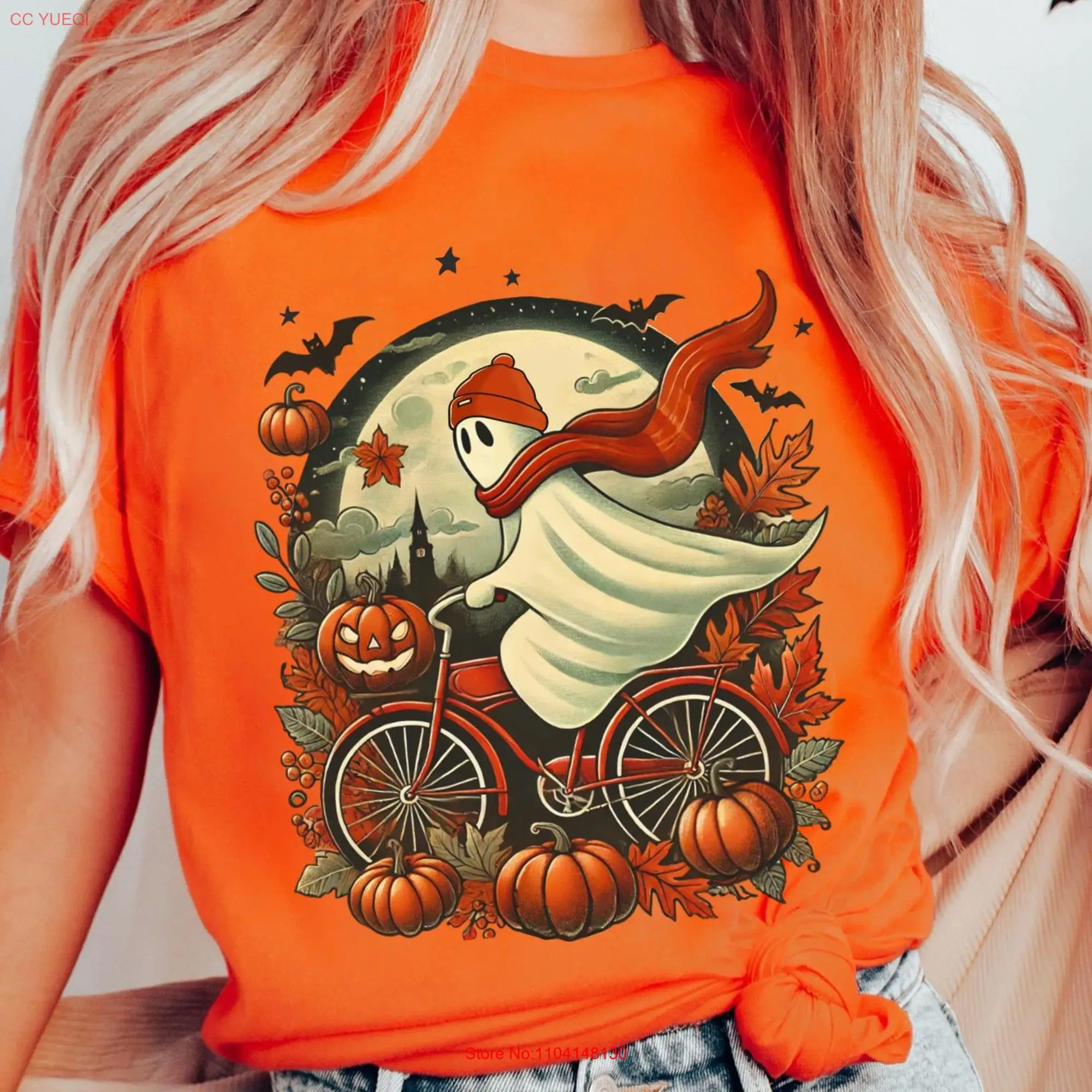 Funny Little Boo Ghost Riding A Bike T Shirt Cute Fall Vibes Halloween Party Autumn Leaf Spooky Season Trick Or Treat