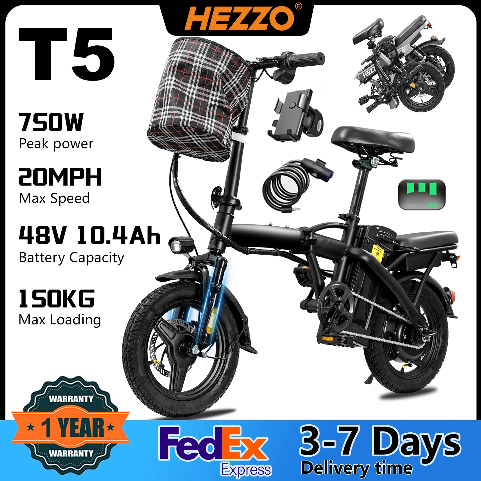 T5 Lightweight Folding Electric Bike for Adults 48V 750W Peak Power 20MPH 18-22 Miles Range 14Inch Disc Brake Commuter E-bike