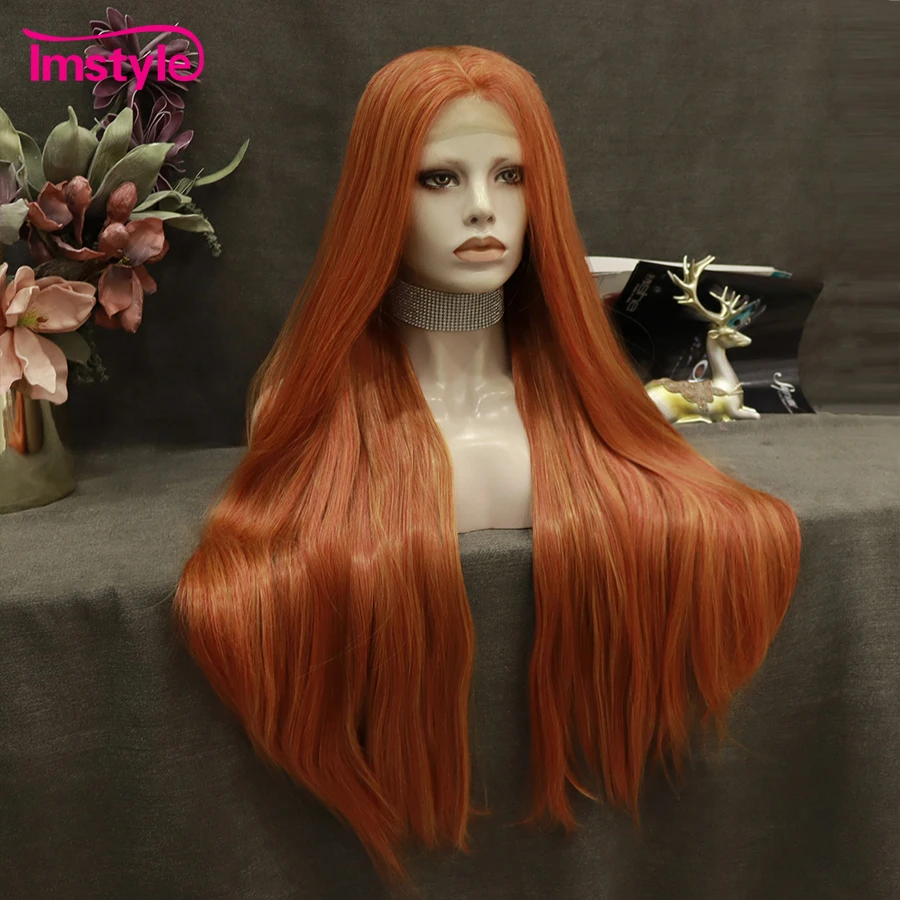 Imstyle Synthetic Lace Front Wig Long Lace Wig Ginger Orange Wig Mixed Color Straight Hair Heat Resistant Fiber Cosplay Wig