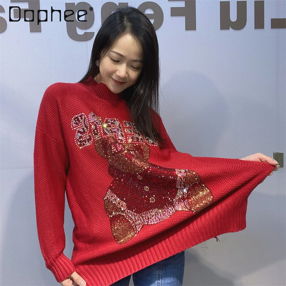 

Red Sweater Women Autumn Winter New Stand Collar Loose Knitted Long Sleeve Rhinestone Top Pullover Jumper