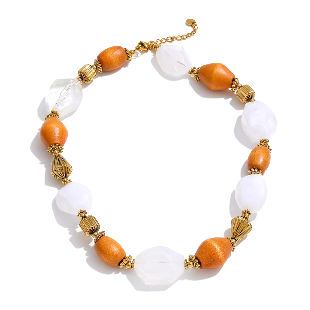 

Delicate Orange Wood White Resin Bead Ladies Necklace Geometric Stainless Steel Gold Plated Necklace Women's Gift Jewelry