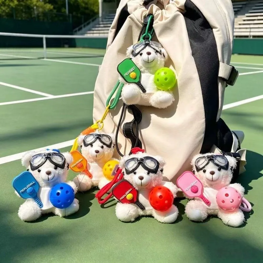 Plush Pickleball Pilot Bear Pendant Cartoon Soft Bag Pendant Hanging Ornament with Goggles Backpack Key Chain Bag Accessories