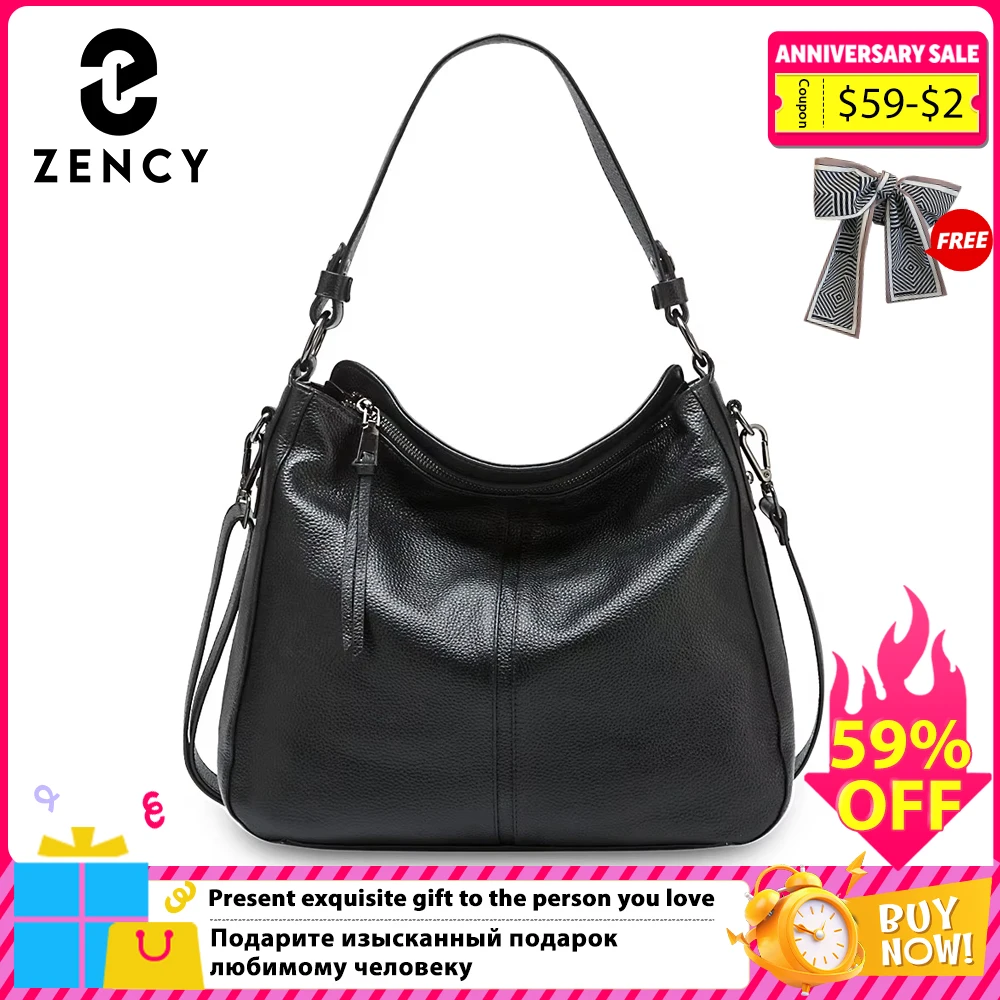 

Zency 100% Genuine Leather Elegant Women Shoulder Bag Classic Black Hobos Roomy Casual Tote Handbag Crossbody Messenger Grey