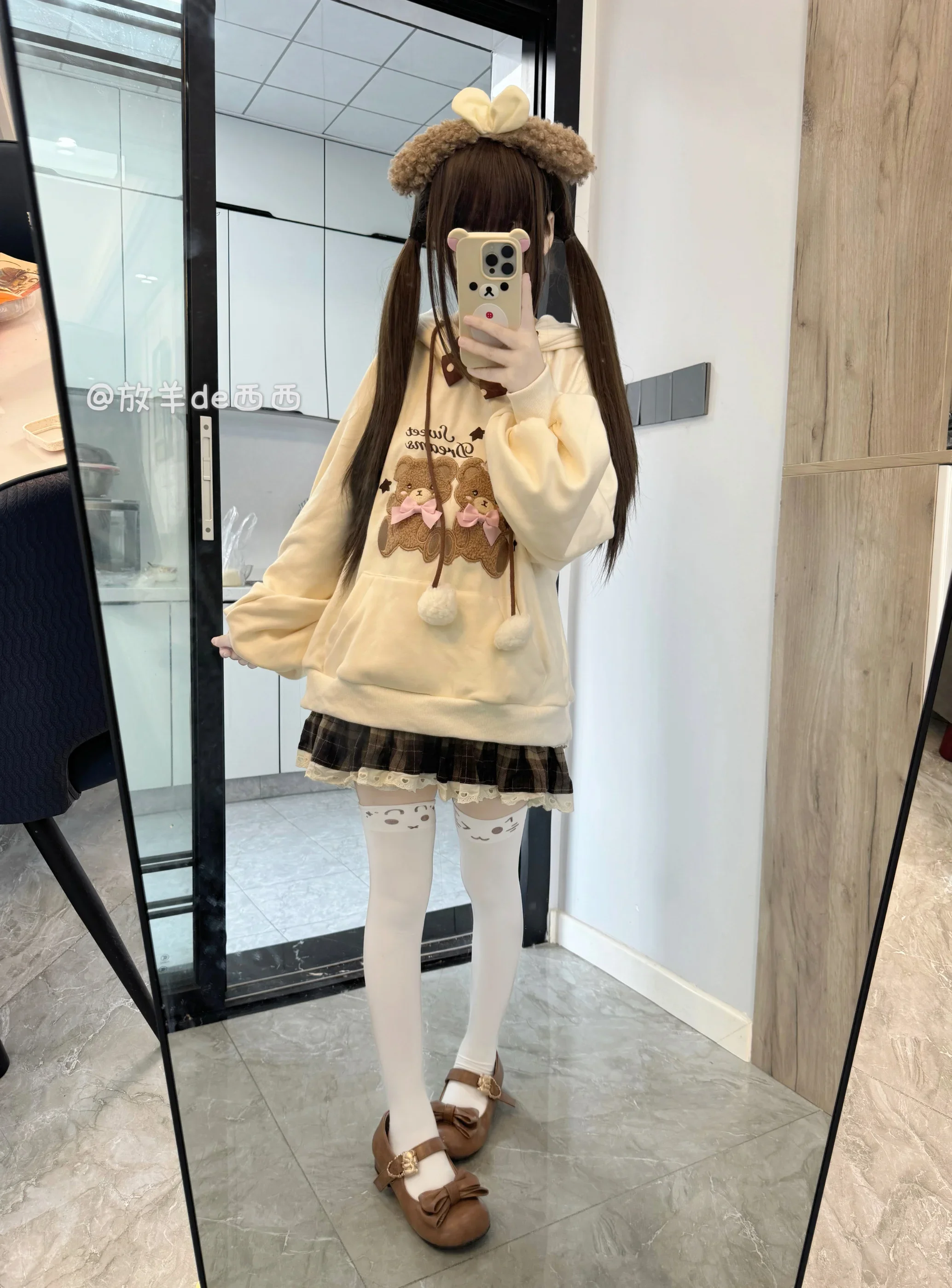 Autumn Winter Cute Cartoon Plush Print Bear Ears Hoodies Sweet Girls Women Preppy Style Kawaii Loose Casual Thicken Sweatshirts