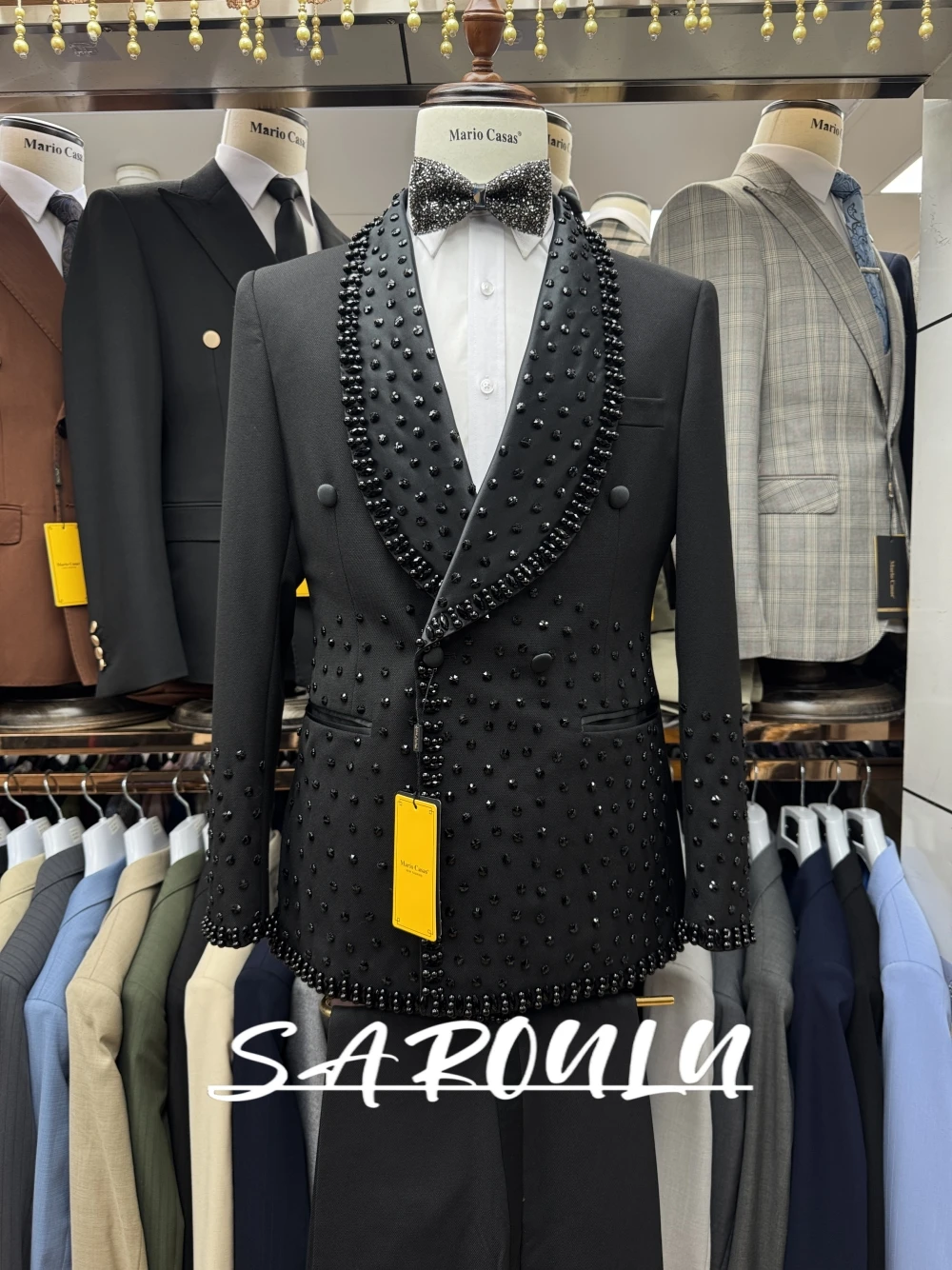 Black Beaded Tuxedo For Man, Decent 2-pieces Suit Set, Shawl Lapel, Dainty Blazer With Matching Pants, Fast Shipping Groom Wear