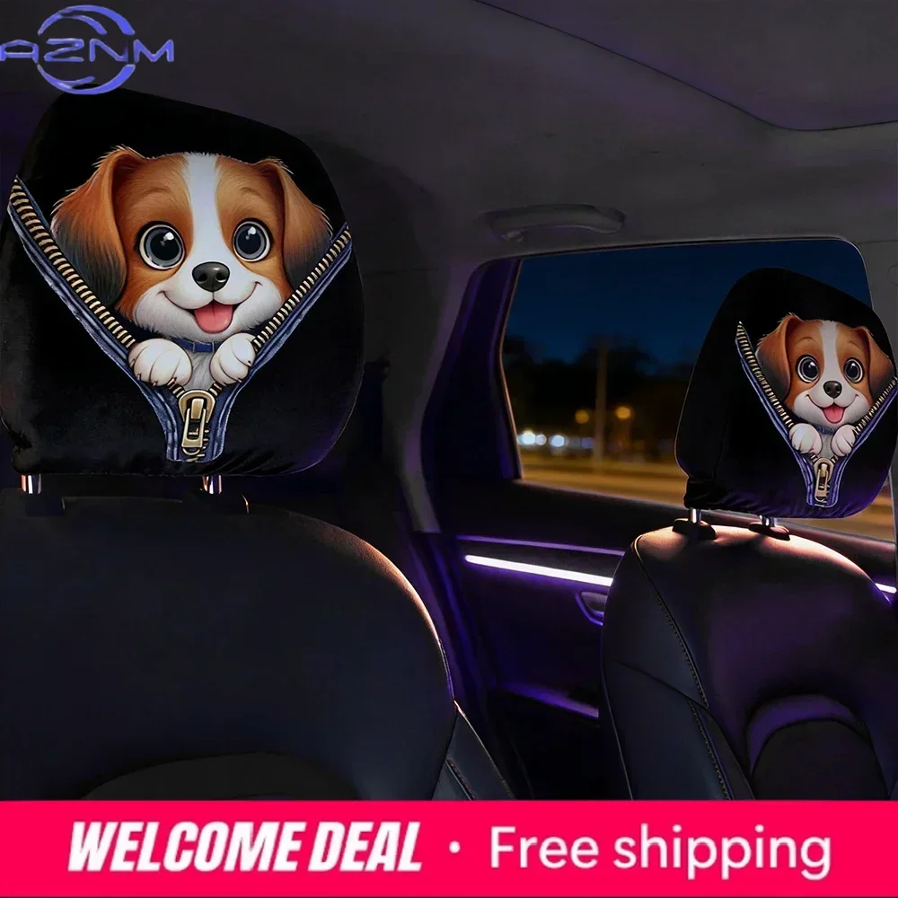 2 Pack Car Headrest Covers Universal Zipper Design Elastic Fabric Fun Dog Pattern Car Interior Accessories