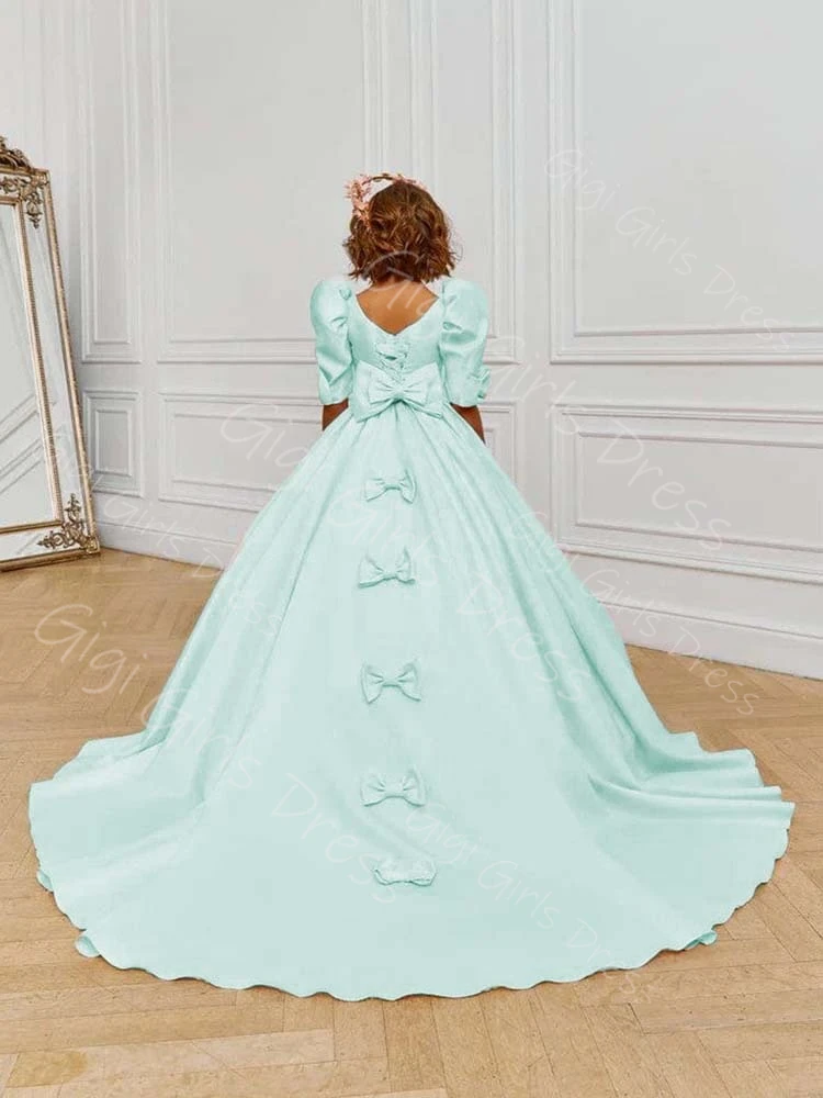 Vestido de comunhão sagrada de cetim rosa com arcos, decote redondo, mangas bufantes, trem de escova, vestido de menina de flor, vestido de festa de casamento personalizado para crianças