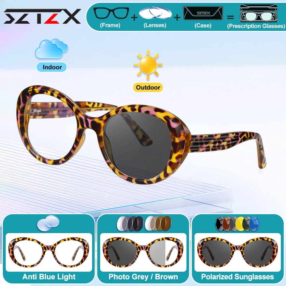 

SZTZX Fashionable Round Frame Myopia Computer Office Glasses Women High Quality Anti Blue Ray Photochromic Prescription Eyeware