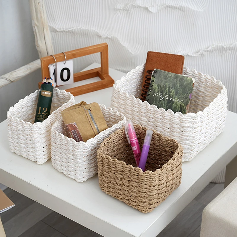 3pcs/set Handmade Straw Woven Soft Round Paper Rope Storage Basket for Organizing Decorative Storage Bins Office Storage Box