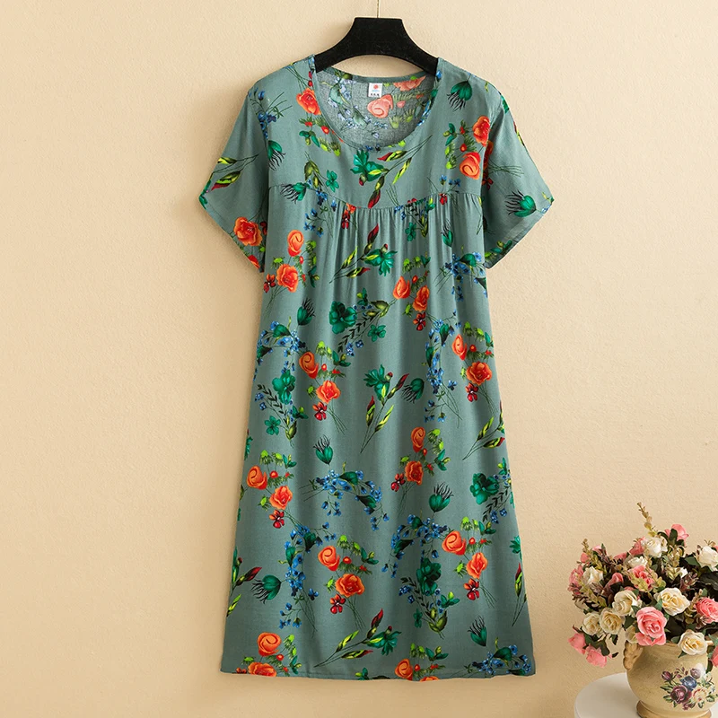 2023 Summer Printed Dresses Women Loose Vintage Sundress Ladies Beach Dresses Elegant Mid-Calf O-Neck Short Sleeve Boho Dress