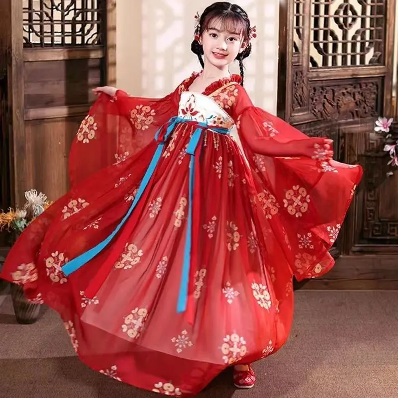 Girls Hanfu Summer Ancient Princess Dress 3T-6T-8T-12T New Spring and Autumn Performance Clothing Children\'s Ancient Tang Dress