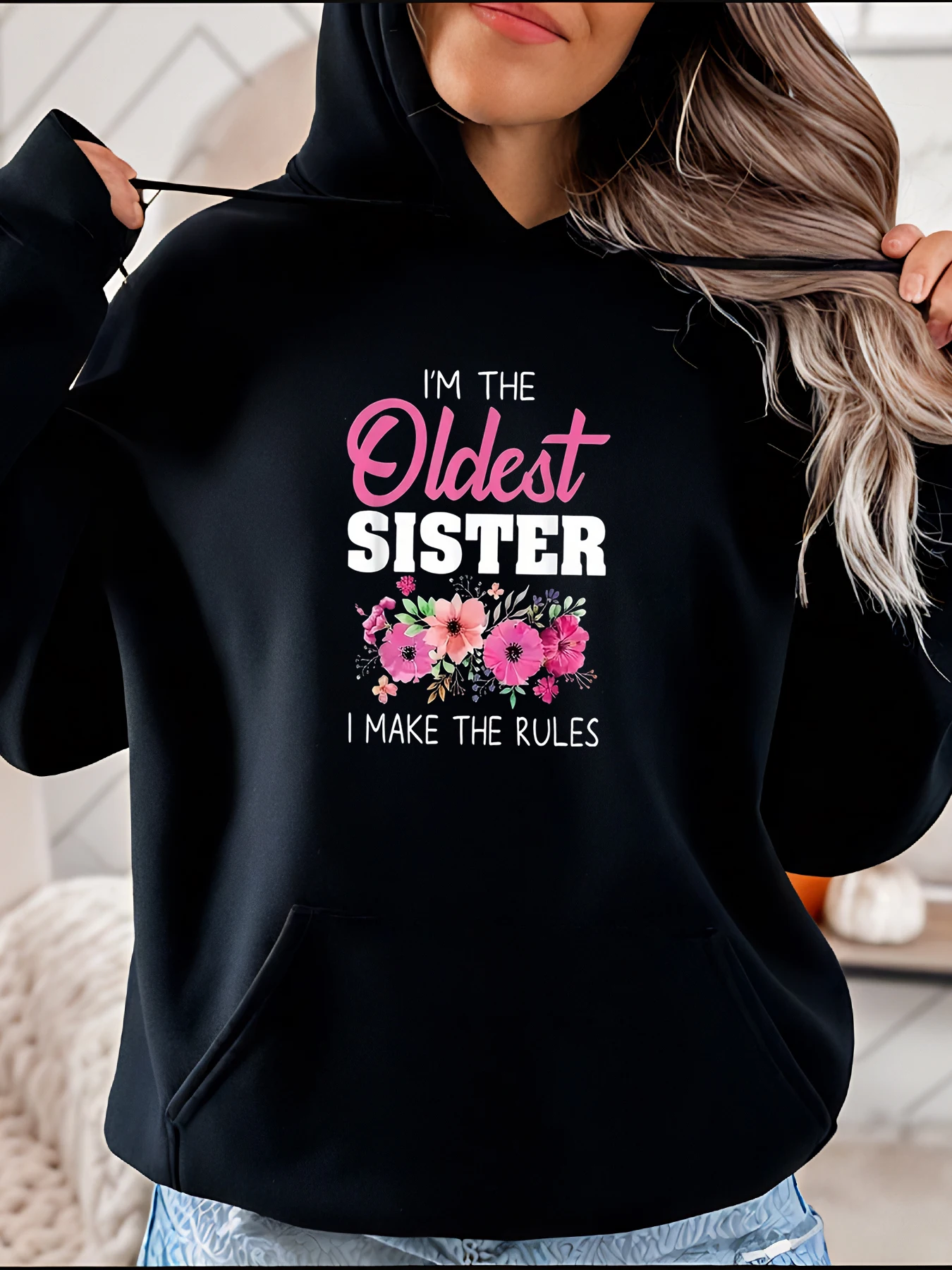 

Толстовка с цветочным принтом в повседневном стиле с розовыми цветами. Женская повседневная одежда «Старый сестра, я занимаю правила».