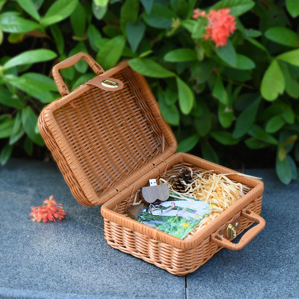 Companion Gift Box USB Flash Drive 128GB Handmade Rattan Woven Suitcase Pen Drive 64GB Picnic Basket Pendrive Retro Storage Box