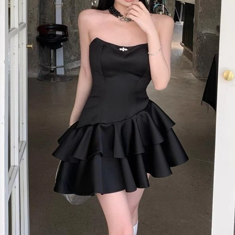 HOUZHOU Black Strapless Sweet Satin Dresses Woman Mini Sleeveless Short Dress Coquette Aesthetic Ruffle Bodycone Summer Chic