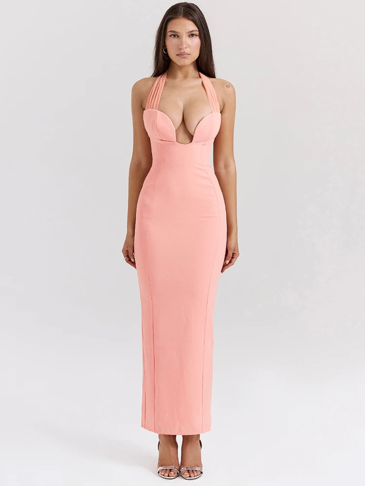 Mozision Strapless Halter Sexy Maxi Jurk Voor Vrouwen Mode Uitgesneden Mouwloze Rugloze Bodycon Club Feest Lange Jurk Elegant