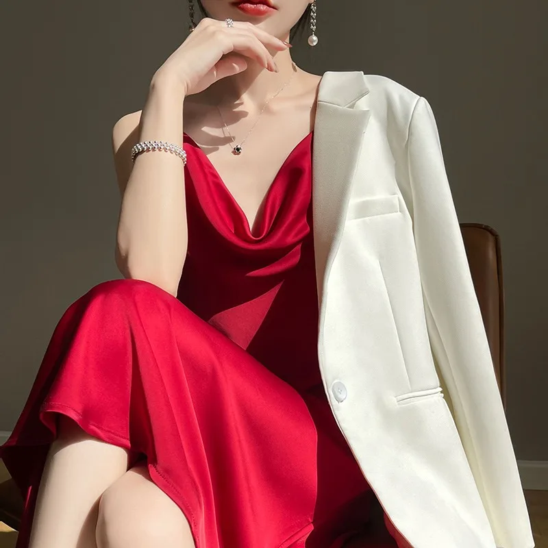 Ele Langer Acetat-Satin-V-Ne-Sexy-Träger-Dr-Anzug, Innenbekleidung, lässiger Pendler, lockere Taille, A-Linien-Rock, Dr