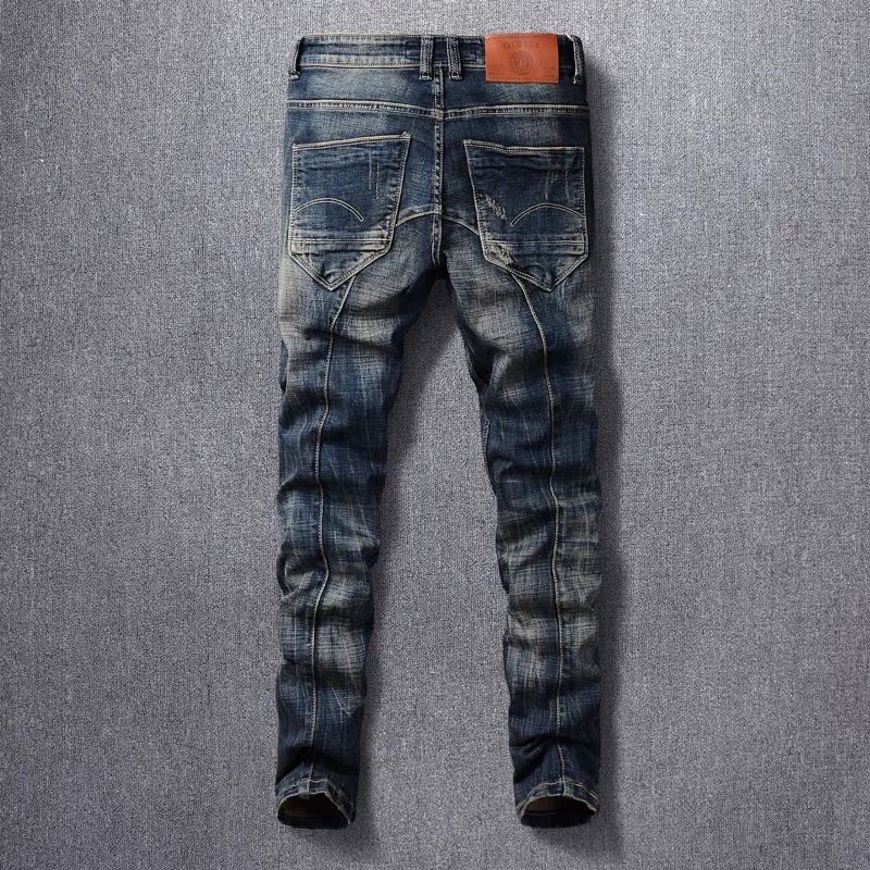 New Fashion Men's Jeans High Quality Jeans Men's Spliced Vintage Black Blue Elastic Slim Fit Split denim Pants