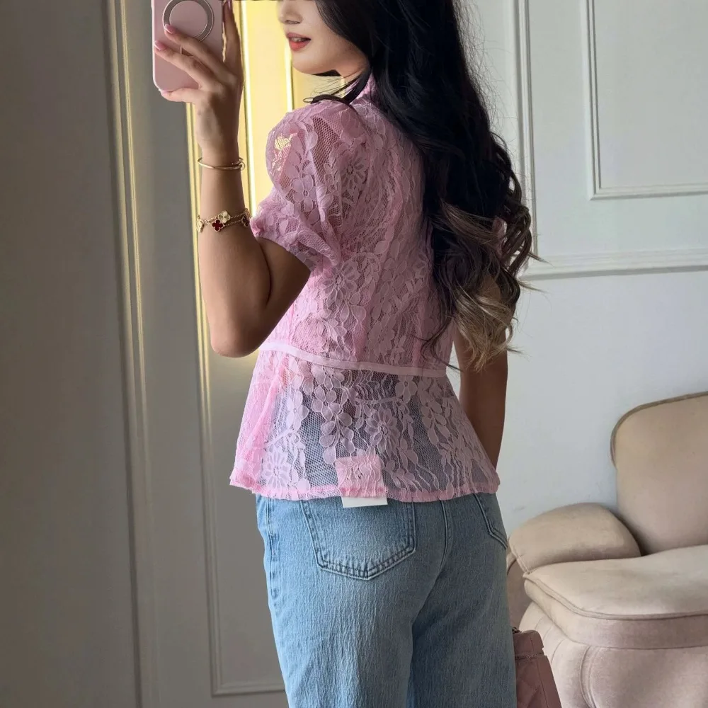 Sweet Stand Ncek Bubble Sleeve Shirt Spring and Summer Women's Chic Micro Perspective Lace Design Daily Office Travel Casual Top