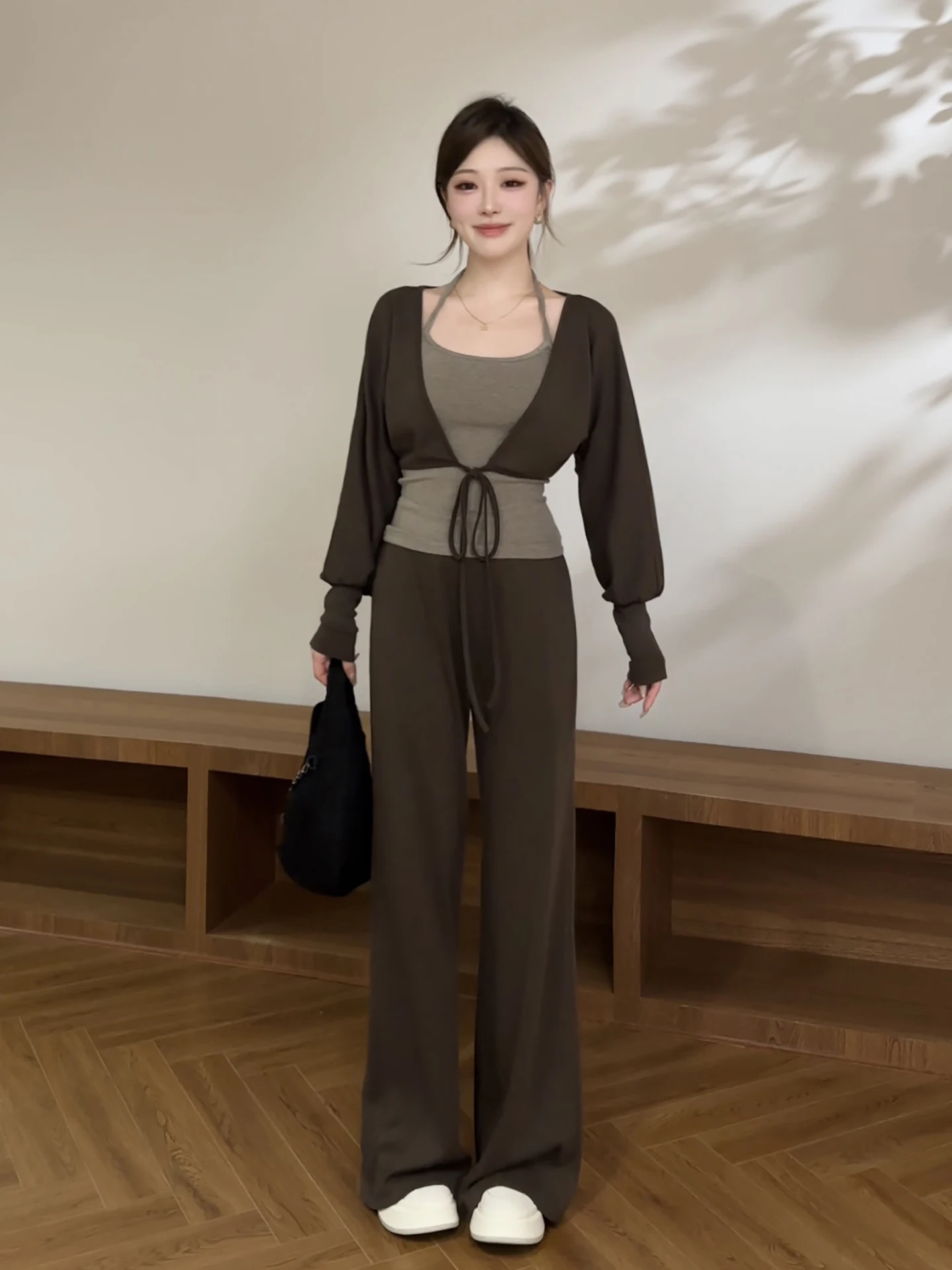 Fashionable Knitted Sweater And Wide Leg Pants Set with Brushed Finish Casual Style Autumn Collection Elegant Slimming Look
