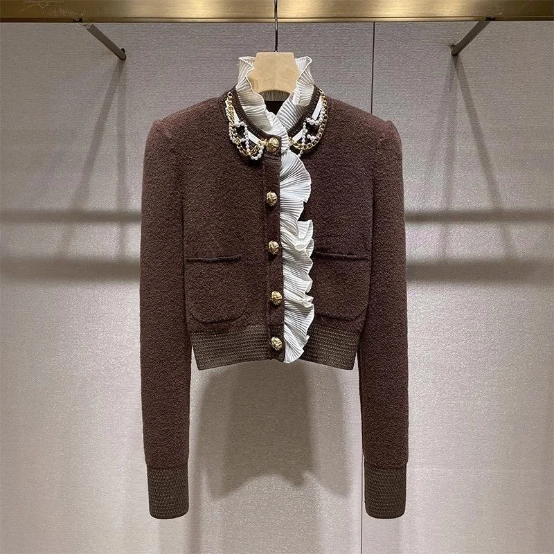 

Retro Fashion Lace Cardigan Coat Women's 2025 Spring Autumn New Pocket Single-Breasted Sweater Top Long Sleeve Cardigan Jacket