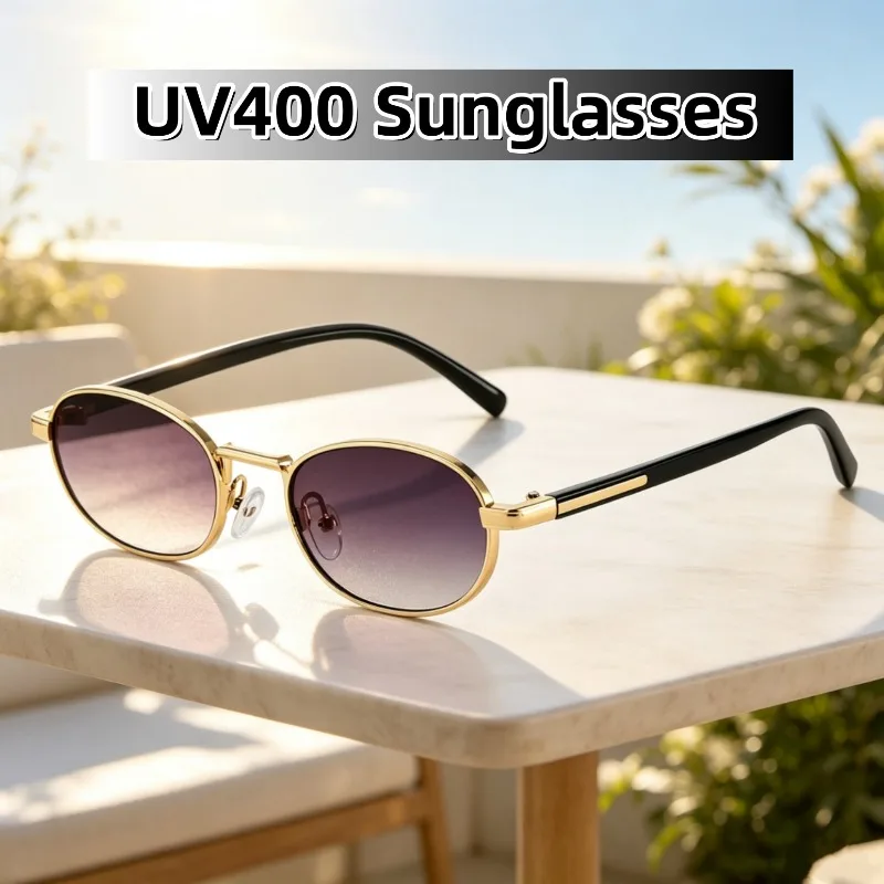 New Retro HD Ultralight Metal Oval Frame UV400 Sunglasses Daily Fashion Street Style Anti UV Outdoor Sunscreen Eyewear Unisex