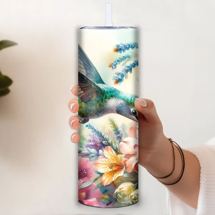 20oz Stainless Insulated Festive Tumblers Straw Lid 1Pc 3D Print Hummingbird & Flowers Party Decors Vacuum Cups CHristmas Decors