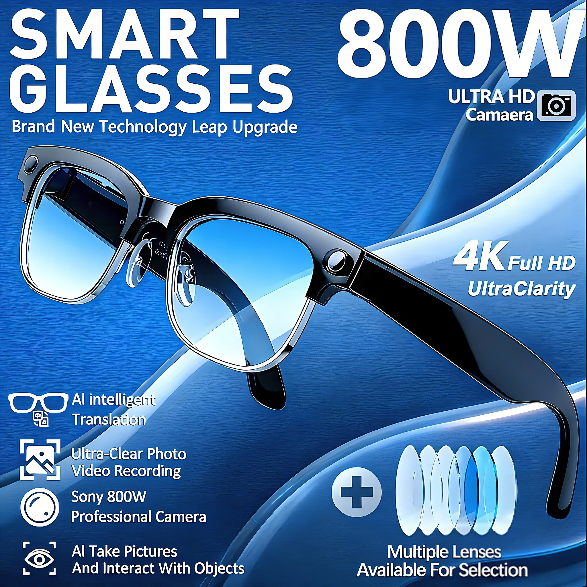 

Новые умные очки 2026 года с ИИ, ультраширокоугольная HD 4K камера 800 МП для видеозаписи, 4 ГБ, распознавание фото на базе ИИ, звонки по Bluetooth, голосовой перевод